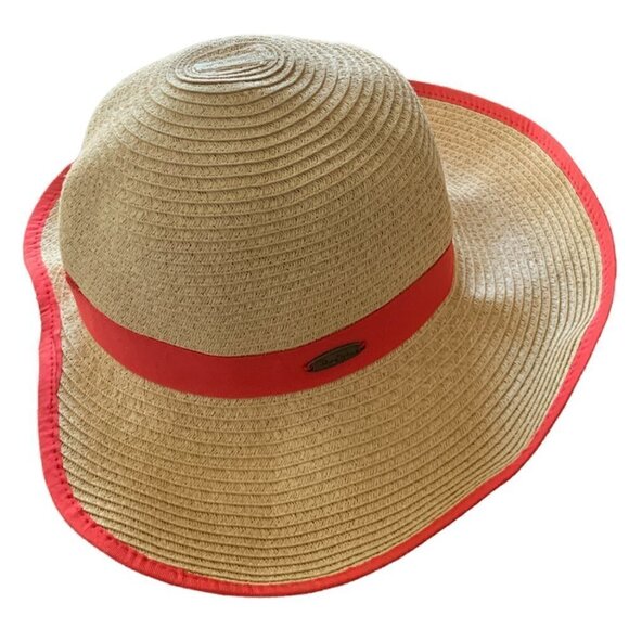 Panama Jack Classic Paper Straw Backless Floppy Sun Hat Coral Red Trim #252K - Picture 1 of 7